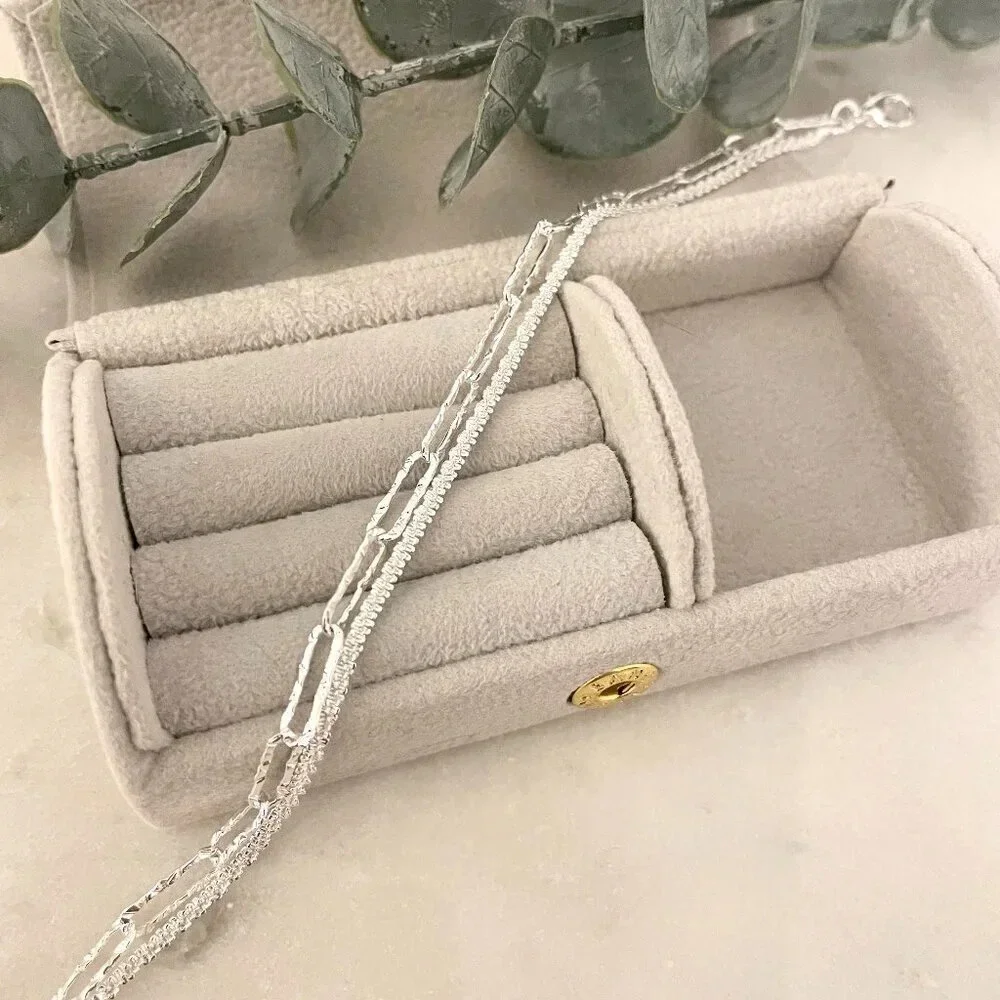 925 Sterling Silver Thin Multi Layer Bracelet Sequin Paperclip Link Bracelet - Picture 4 of 5